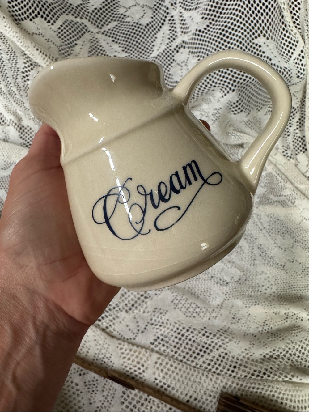 Vintage Cream Ceramic Pitcher in Cream and Blue - Picture 7 of 7